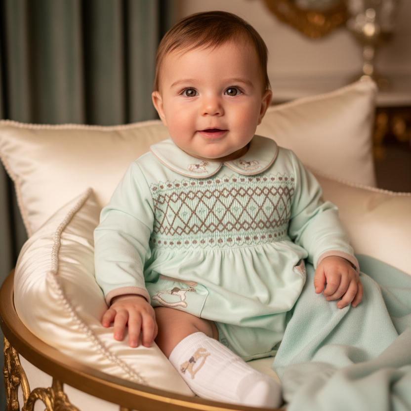 mint green baby boys smocked cotton outfit rocking horse theme hand embroidered