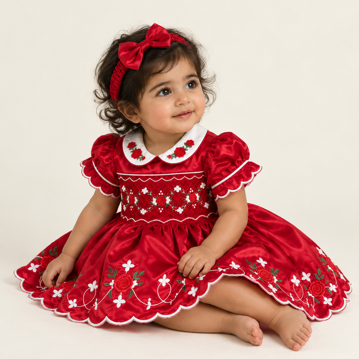 red traditional smocked baby girls dress