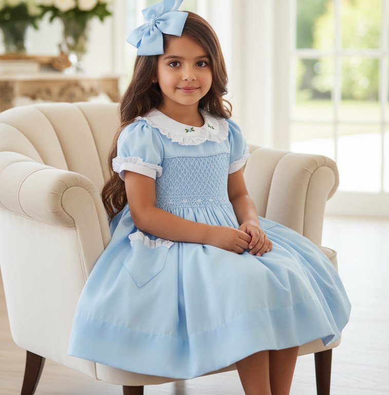Ocean Baby Girls Exclusive Topaz Lux Collection Satin Smocked Petticoat Layered Dress (3M-8Yrs)