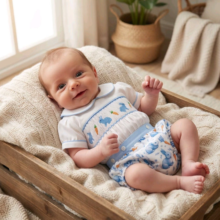 Ocean Baby Boys Blue And Cream Cotton Smocked Bunny Outfit (NB-2Yrs)