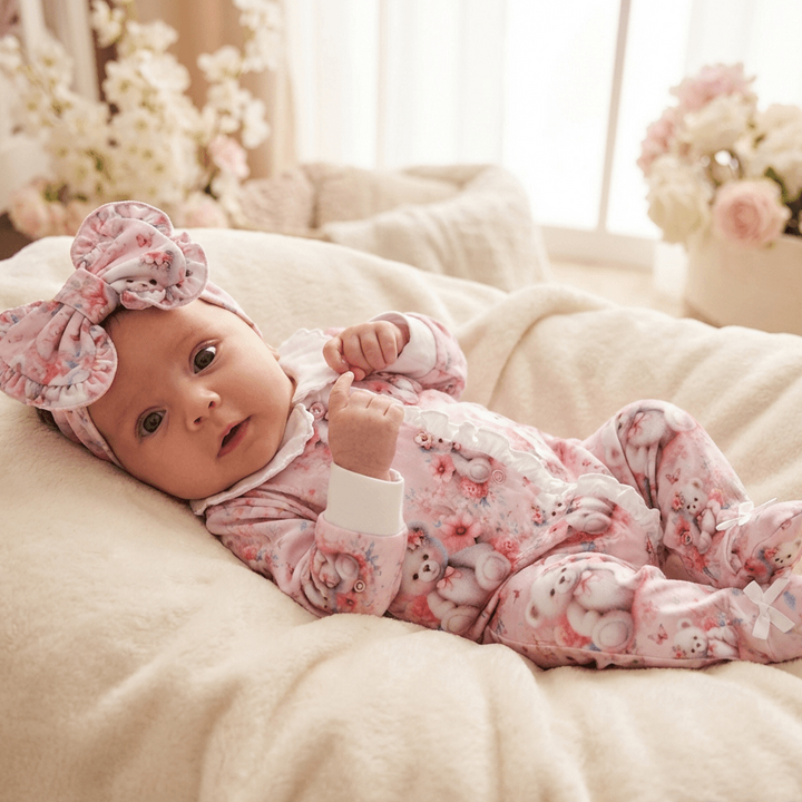 Ocean Baby Girls Pink Floral Teddy Bear Sleepsuit & Headband Set (NB-18M)