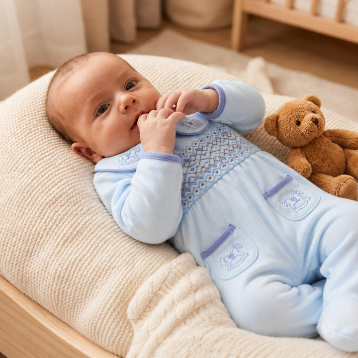 newborn baby boys smocked sleepsuit