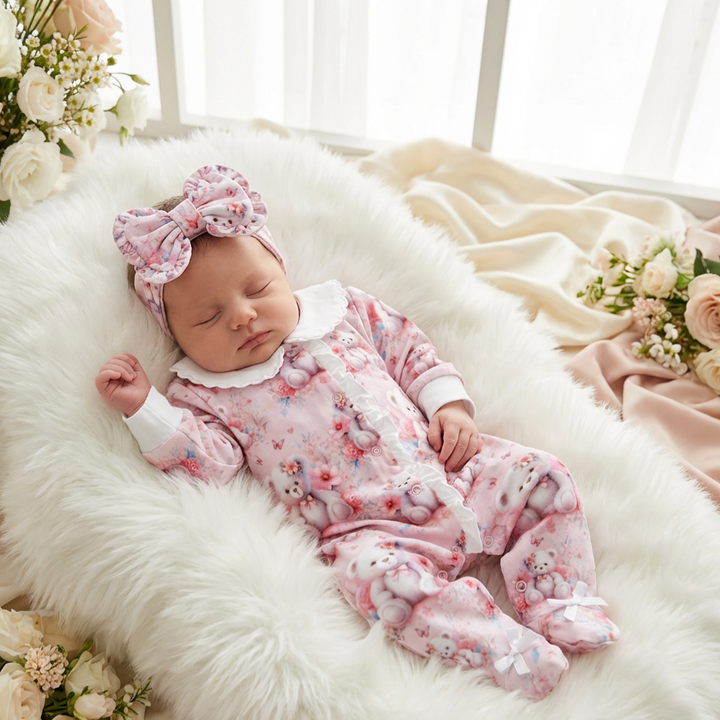 Ocean Baby Girls Pink Floral Teddy Bear Sleepsuit & Headband Set (NB-18M)