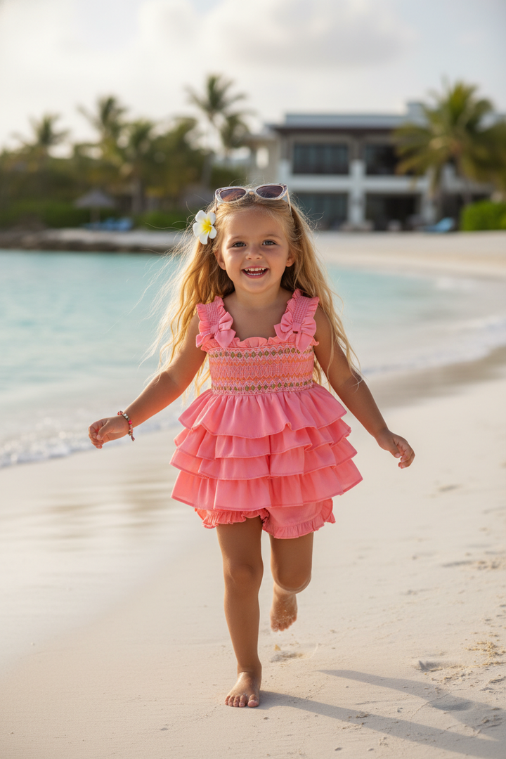 Ocean Baby Girls Peach Ruffle Smocked Shorts Set (12M-10Y)