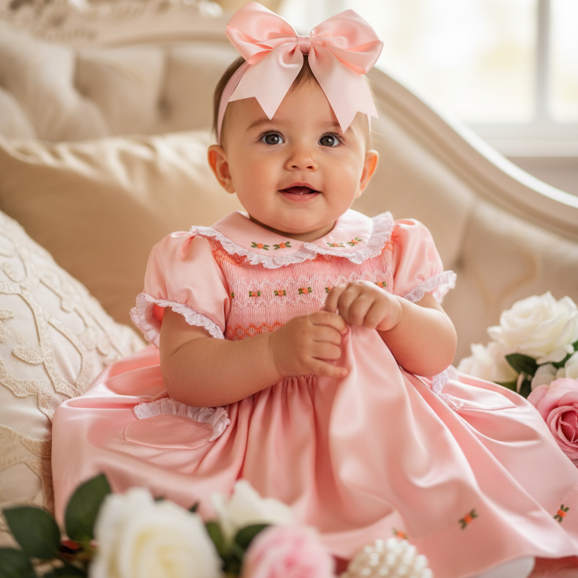peach baby girls dress peach satin smocked baby dress