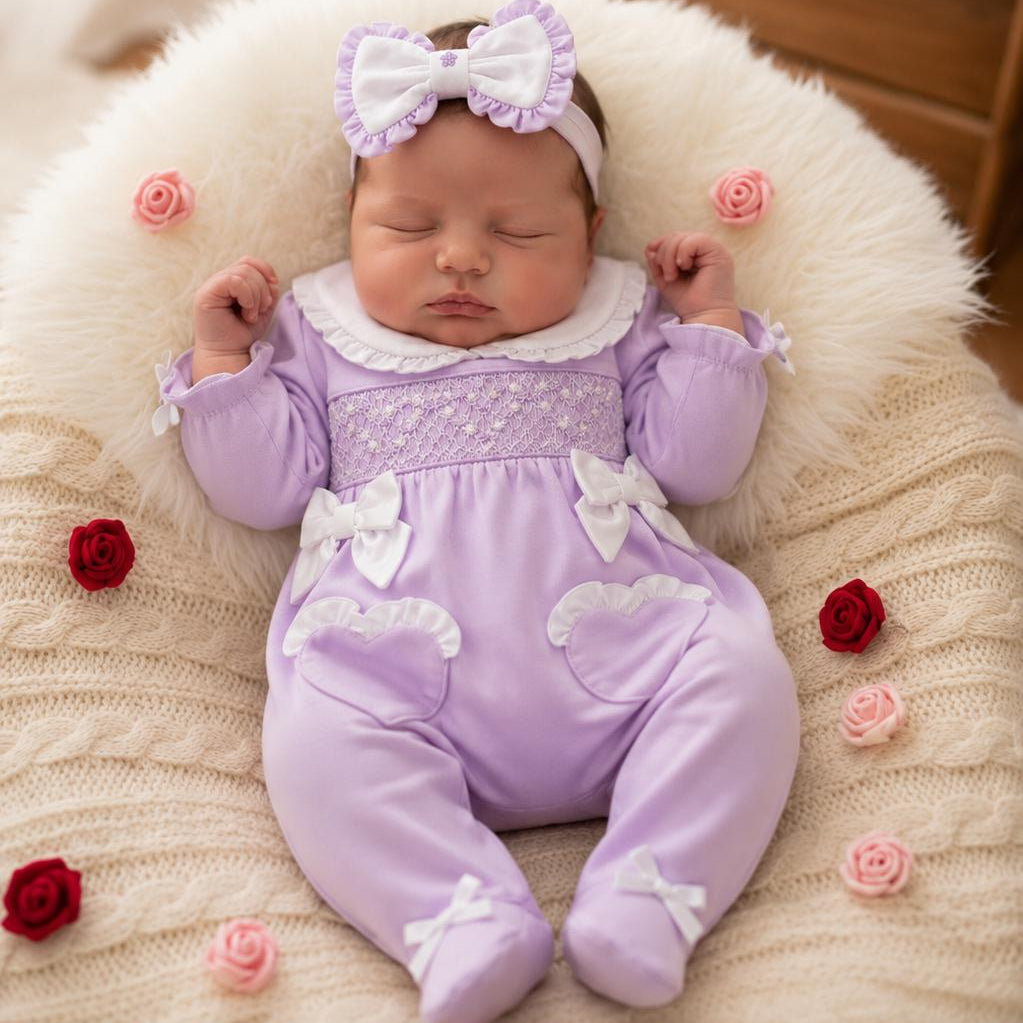 Ocean Baby Girls Smocked Lilac Pearl Heart Sleepsuit & Headband Set (NB-18M)