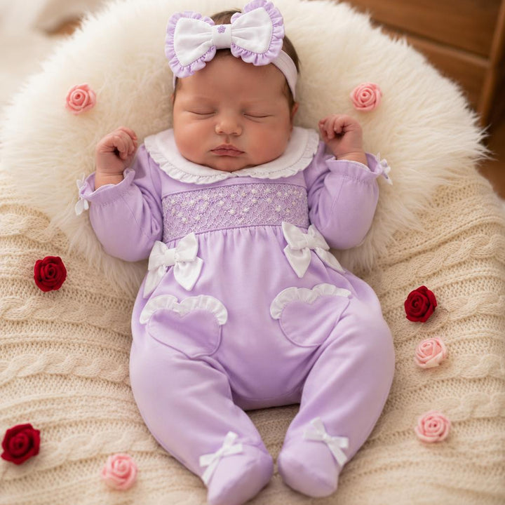 Ocean Baby Girls Smocked Lilac Pearl Heart Sleepsuit & Headband Set (NB-18M)