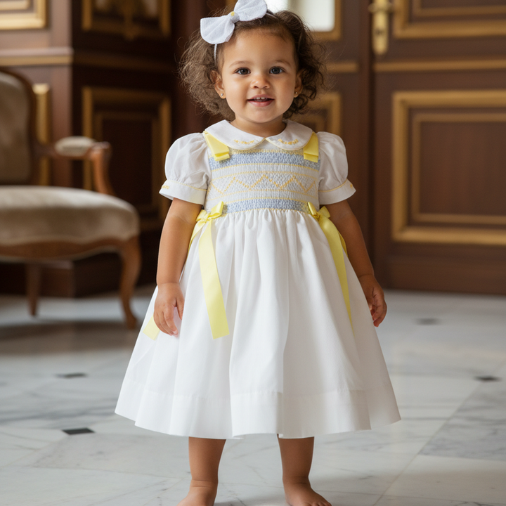 luxury white cotton smocked front and back peticoat baby dress