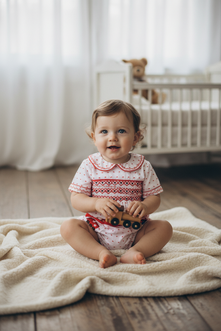 Ocean Baby Boys Red Swiss Dot Train Smocked Buster Pants Outfit (NB-3Yrs)