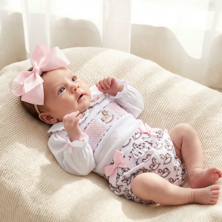 Ocean Baby Girls Pastel Rocking Horse Smocked Buster Suit (NB-3Yrs)