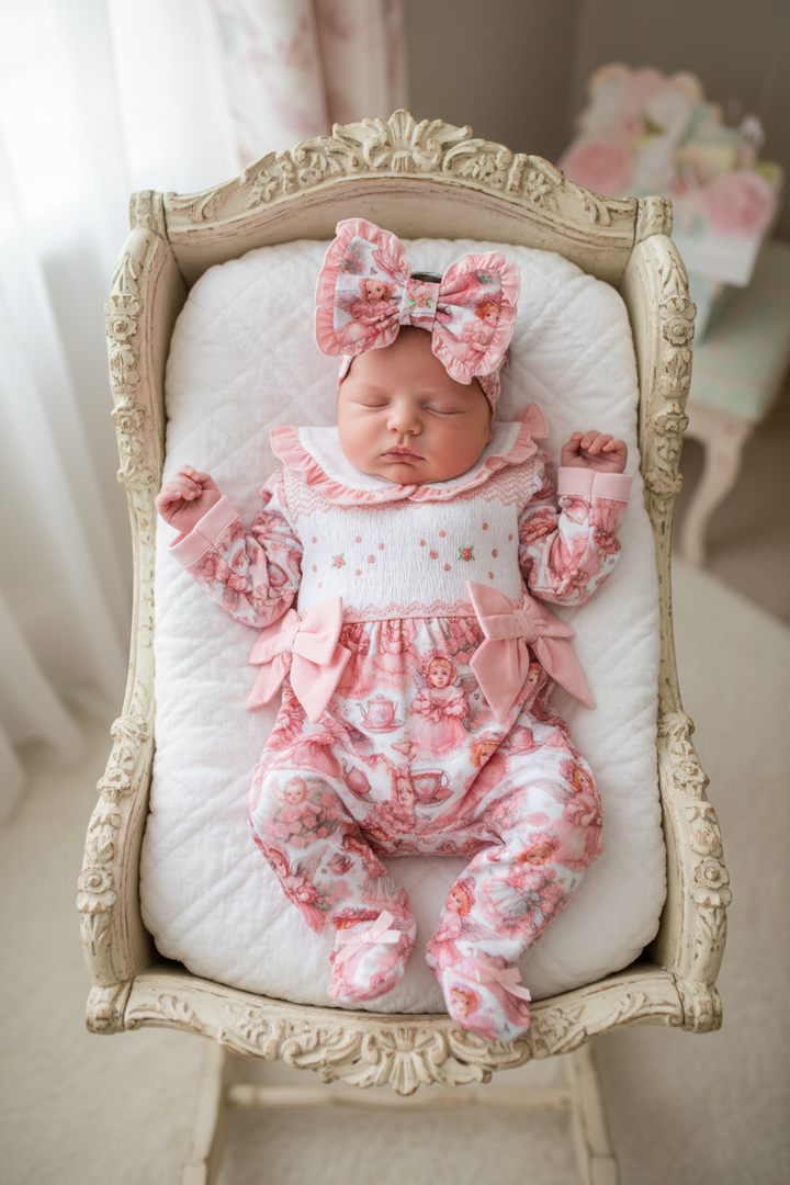 Ocean Baby Girls Fairy Tea Party Smocked Sleepsuit & Headband Set (NB-18M)