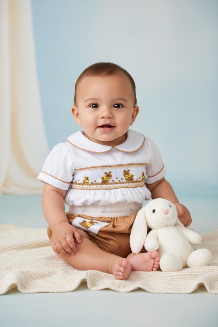 Ocean Baby Boys Golden Smocked Bunny Buster Suit (NB-2Yrs)