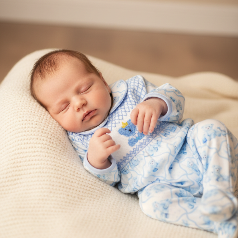 Ocean Baby Boys Smocked Old Fashioned Teddy Sleepsuit & Bib Set (NB-18M)
