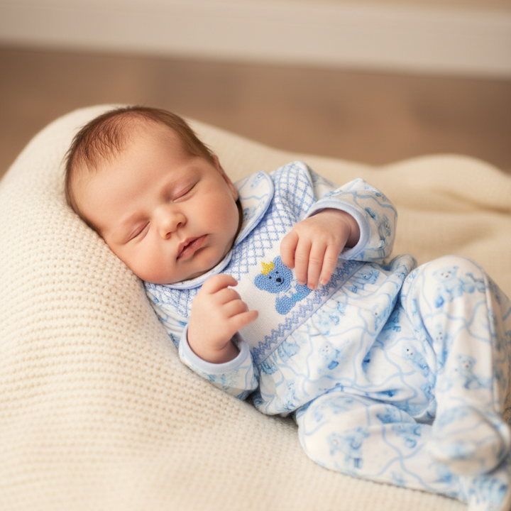 Ocean Baby Boys Smocked Old Fashioned Teddy Sleepsuit & Bib Set (NB-18M)