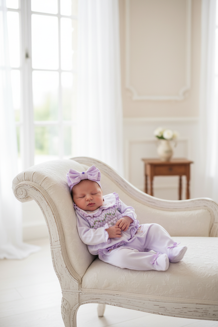 Ocean Baby Girls Lavender Rocking Horse Smocked Sleepsuit & Headband Set (NB-18M)