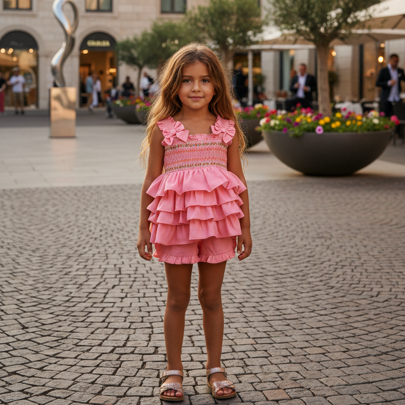 Ocean Baby Girls Peach Ruffle Smocked Shorts Set (12M-10Y)