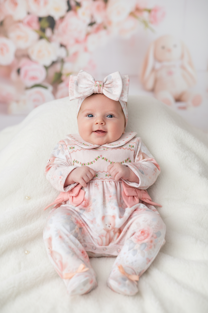 Ocean Baby Girls Smocked Floral Teddy Bear Sleepsuit & Headband Set (NB-18M)