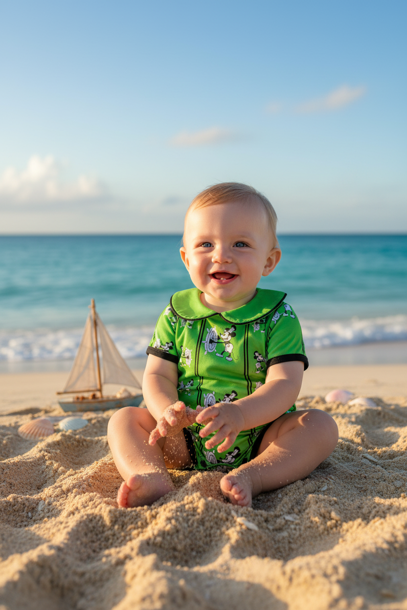 Ocean Baby Boys SteamBoat Mickey Neon Green Swimsuit with Poppers (3M-4YRS)