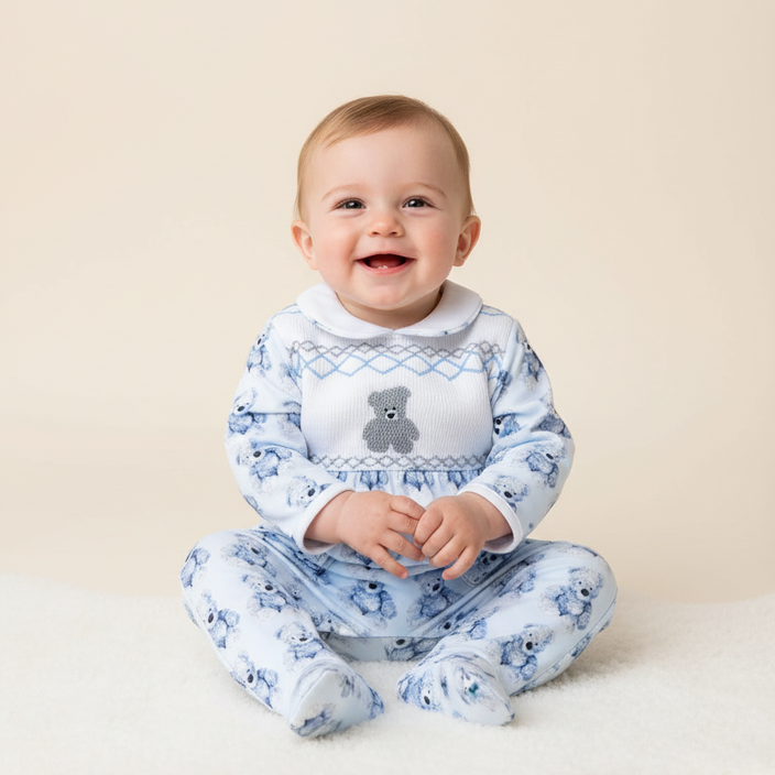 Ocean Baby Boys Blue Smocked Teddy Sleepsuit (NB-12M)