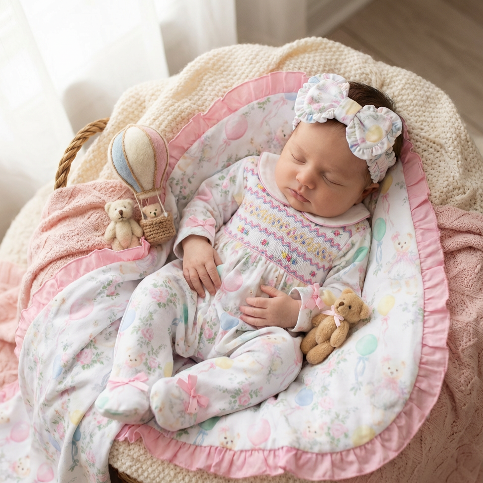 Ocean Baby Girls Smocked Pastel Teddy Bear Sleepsuit & Headband Set (NB-18M)