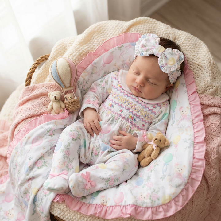 Ocean Baby Girls Smocked Pastel Teddy Bear Sleepsuit & Headband Set (NB-18M)