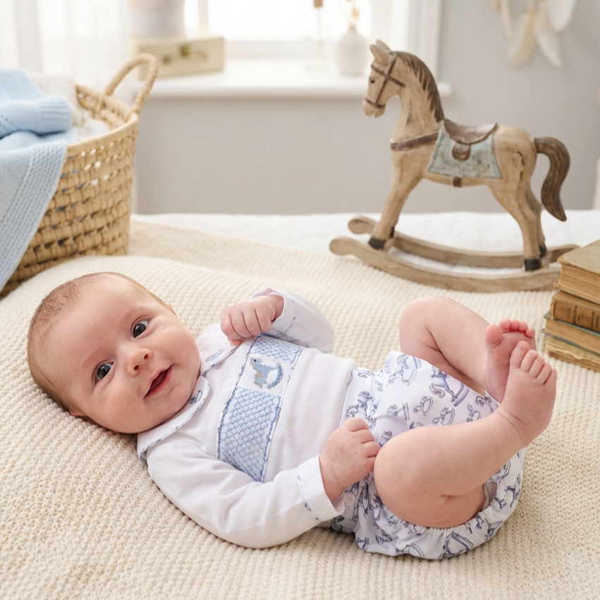 Ocean Baby Boys Pastel Rocking Horse Smocked Buster Suit Set (NB-3Yrs)