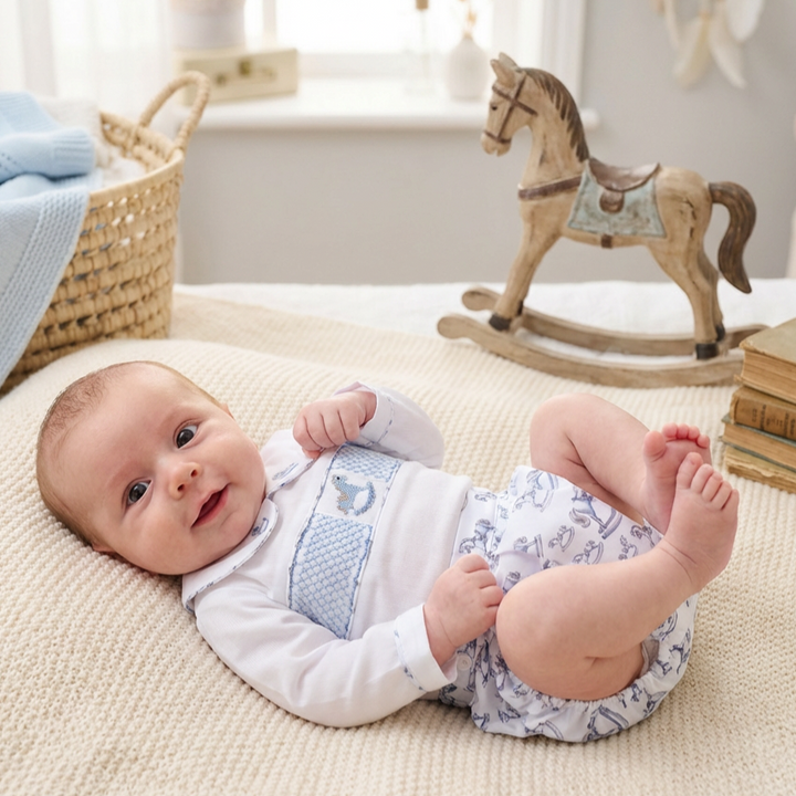 Ocean Baby Boys Pastel Rocking Horse Smocked Buster Suit Set (NB-3Yrs)