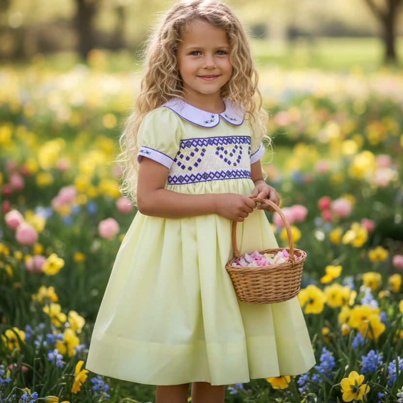 lemon cotton toddler party dress with smocked bodice and full petticoat skirt. newborn to 10 years.