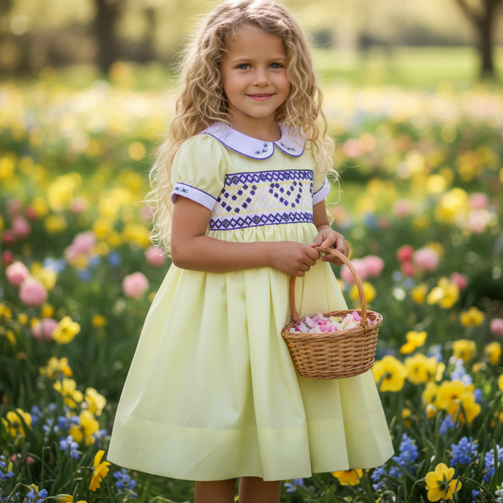 lemon cotton toddler party dress with smocked bodice and full petticoat skirt. newborn to 10 years.