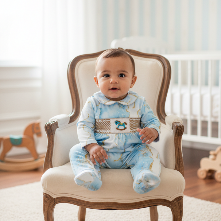 Ocean Baby Boys Smocked Marble Effect Rocking Horse Sleepsuit & Bib Set (NB-18M)