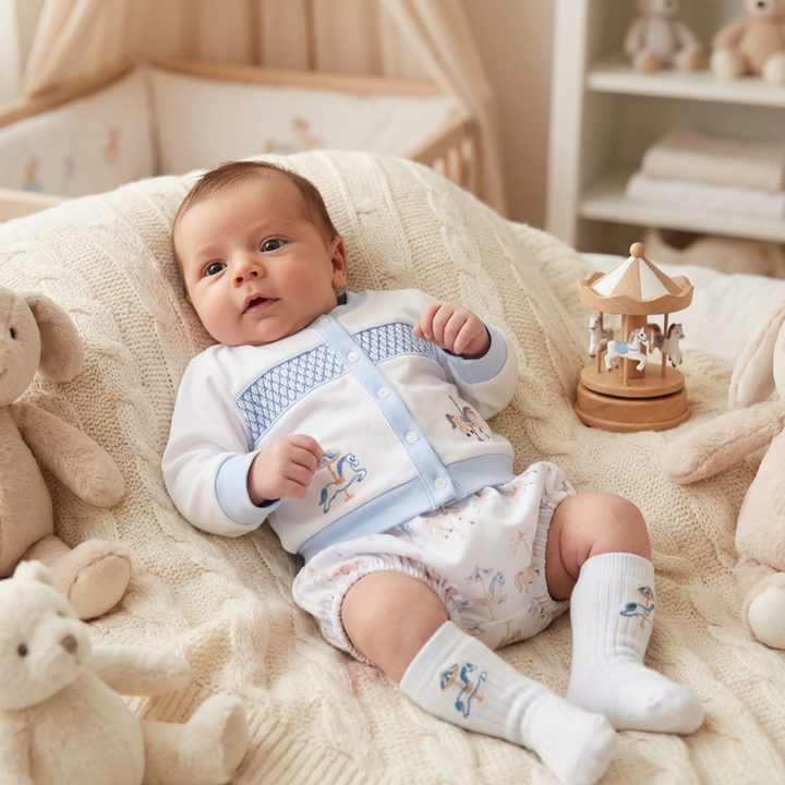 Ocean Baby Boys Carousel Smocked Cardigan & Pants Outfit (NB-3Yrs)