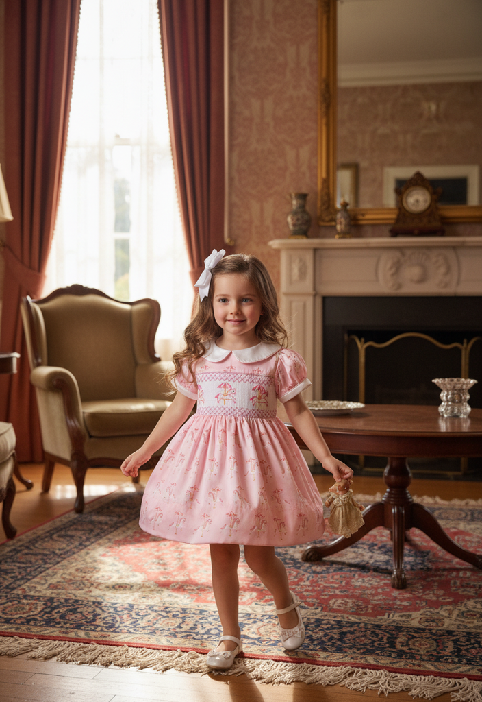 Ocean Baby Smocked Pink Carousel Petticoat Layered Dress (NB-4YRS)