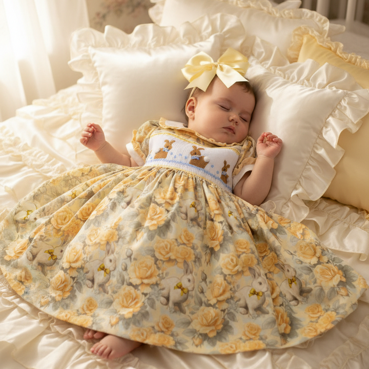 Ocean Baby Vintage Bunny Smocked Lemon Rose Petticoat Layered Dress (NB-8Yrs)