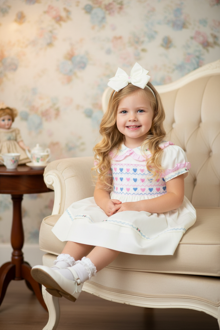 Ocean Baby Girls Cream Classic Heart Smocked Front & Back Petticoat Layered Dress - (3M-8Yrs)