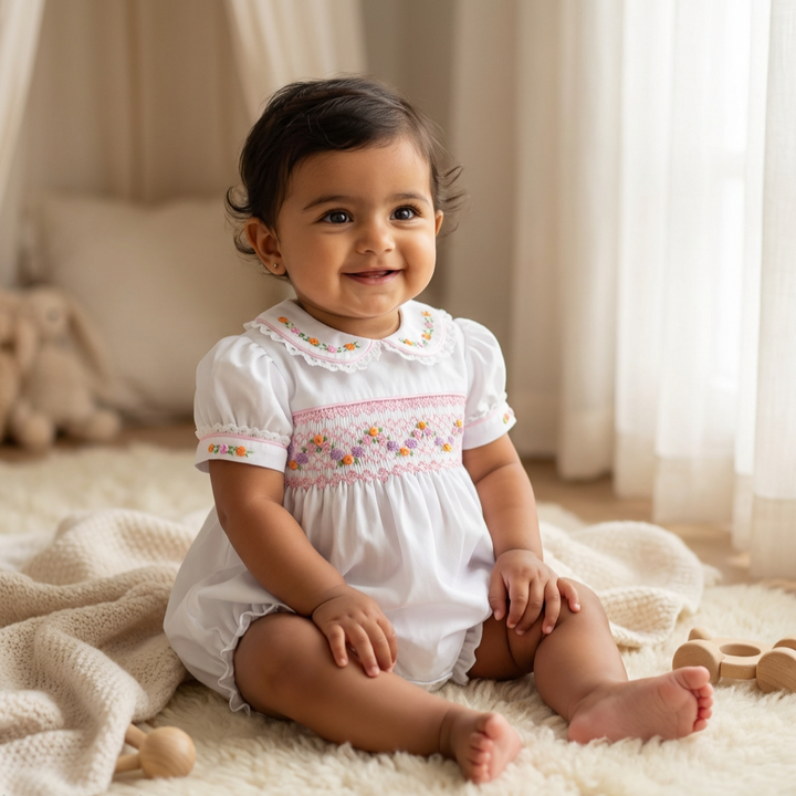 Ocean Baby Girls Milk Smocked Bubble Suit (NB-3Yrs)