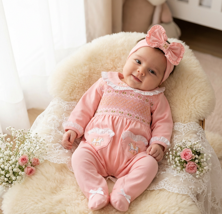 Ocean Baby Girls Peach Smocked Carousel Sleepsuit & Headband Set (NB-18M)
