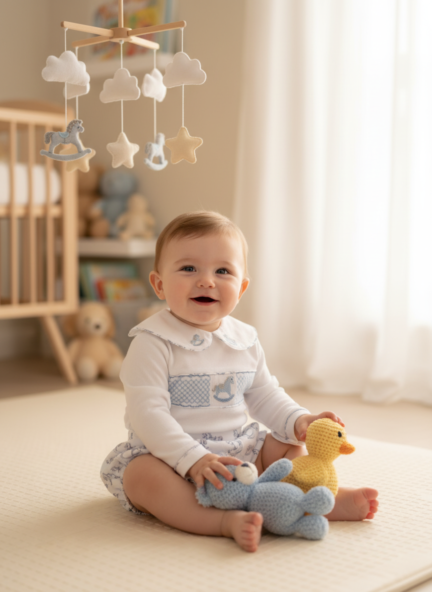 Ocean Baby Boys Pastel Rocking Horse Smocked Buster Suit Set (NB-3Yrs)