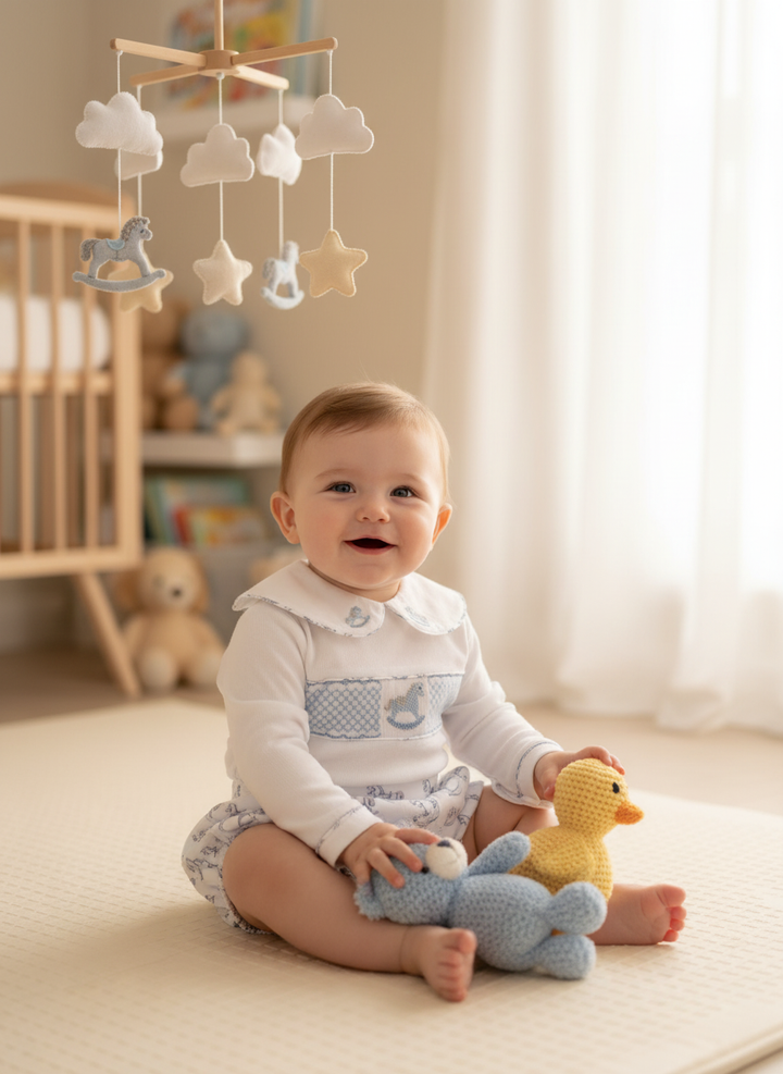 Ocean Baby Boys Pastel Rocking Horse Smocked Buster Suit Set (NB-3Yrs)