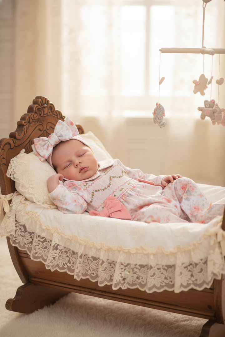 Ocean Baby Girls Smocked Floral Teddy Bear Sleepsuit & Headband Set (NB-18M)