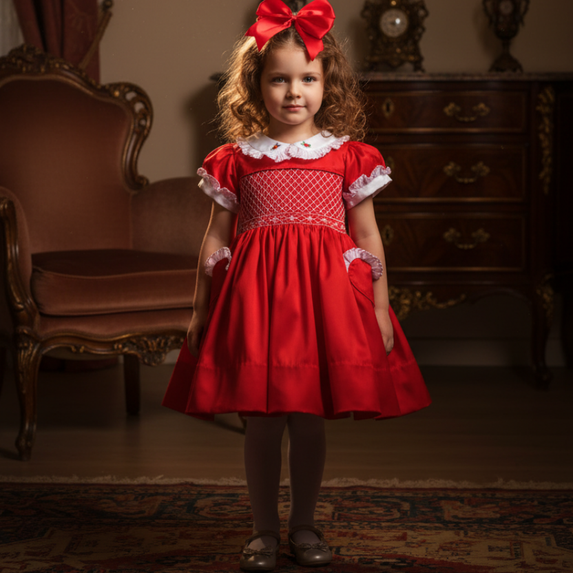 Ocean Baby Girls Exclusive Vermilion Lux Collection Satin Smocked Front & Back Petticoat Layered Dress (NB-8Yrs) As seen in Vogue ❤