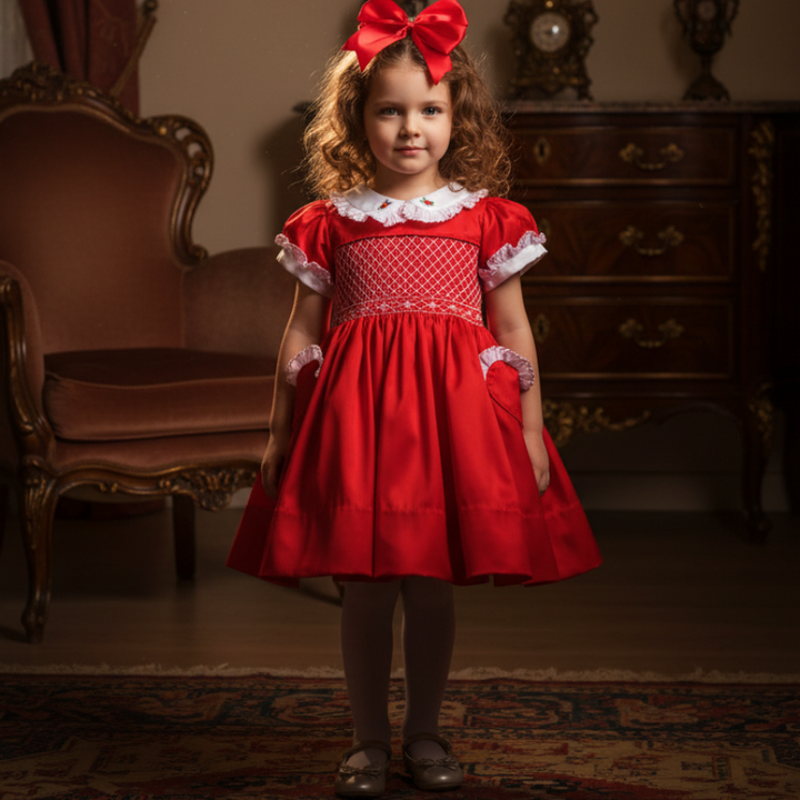 Ocean Baby Girls Exclusive Vermilion Lux Collection Satin Smocked Front & Back Petticoat Layered Dress (NB-8Yrs) As seen in Vogue ❤