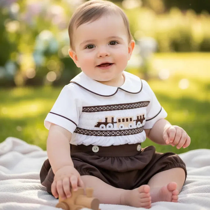 Ocean Baby Mulberry Bloom Train Themed Smocked Buster Suit (NB-3Yrs)