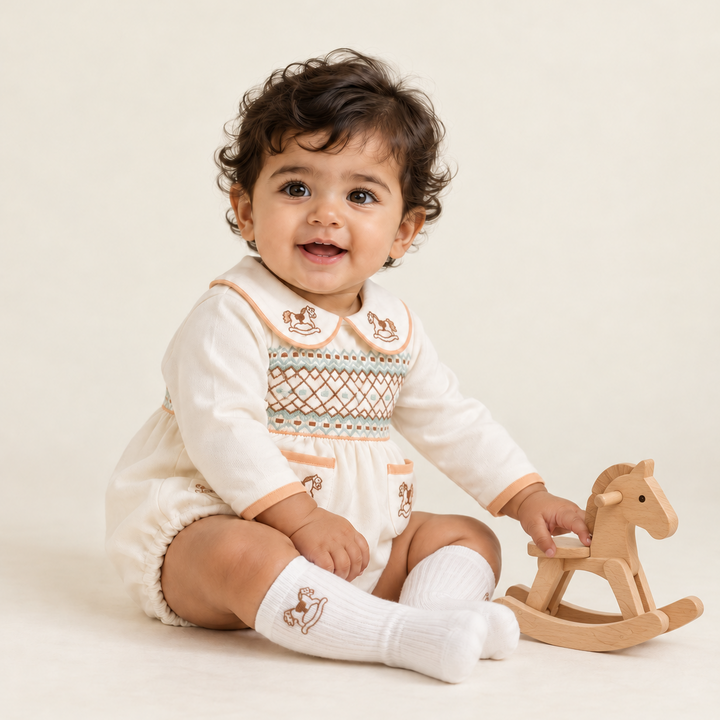 Ocean Baby 'My Little Rocking Horse Romper' Smocked Bubble Suit Set (Cream) (NB-2Y)