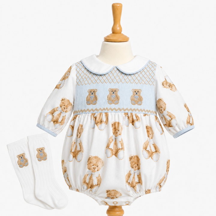 smocked luxury baby boys romper bubble suit set 
