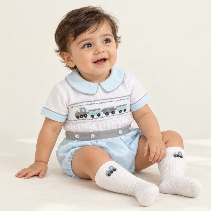 Ocean Baby Blue Train Themed Smocked Buster Suit Set (NB-2YRS)