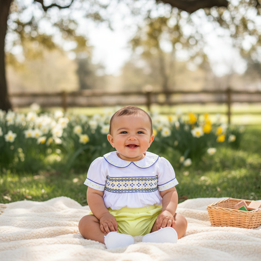 Smocked baby boy suit set with geometric embroidery in soft cotton, yellow and white newborn to 2 years