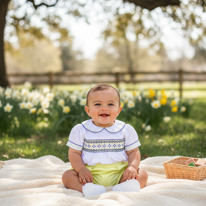 Smocked baby boy suit set with geometric embroidery in soft cotton, yellow and white newborn to 2 years