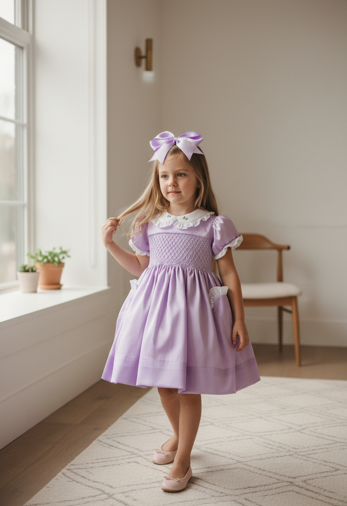 Ocean Baby Girls Exclusive Lilac Lux Collection Satin Smocked Front & Back Petticoat Layered Dress (NB-8Yrs)