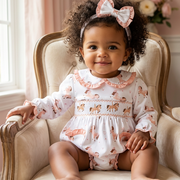 Ocean Baby Girls Peach Carousel Horse Smocked Bubble Suit & Headband Set (NB-3Yrs)