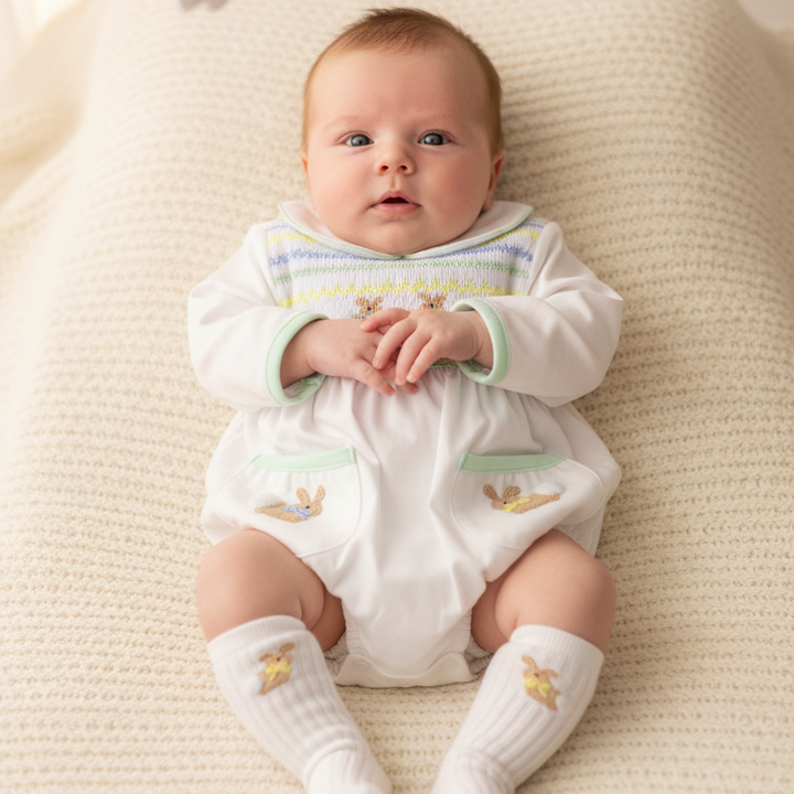 white cotton smocked bunny outfit baby boys suit set